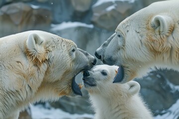 Mother polar bear play attacks her cub who defends with an open mouth with teeth showing . Nose to nose side view with cubs face visible