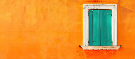 Green window with white frame on orange wall in vintage style. Copy space image. Place for adding text and design