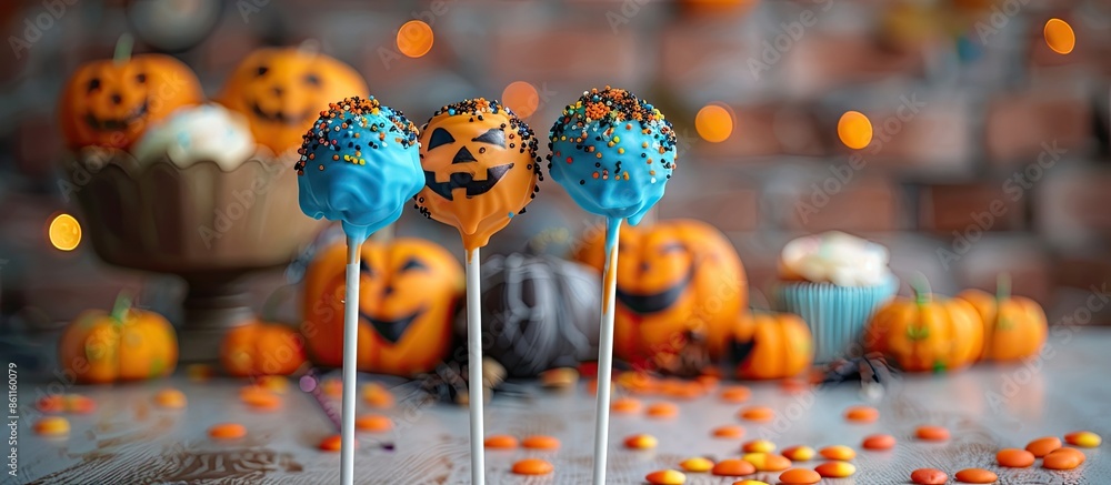 Poster funny delicious cake pops and cup cakes for halloween on the table,selective focus and empty space. 