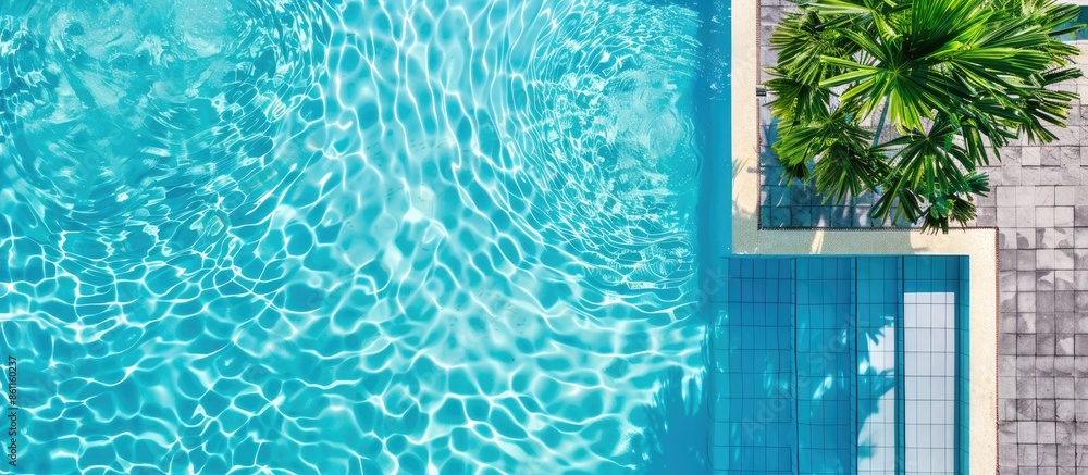 Poster overhead drone shot of clear blue water in swimming pool. copy space image. place for adding text or