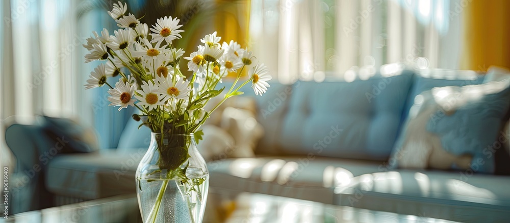 Poster flower in glass vase on table in living room with blur effect. copy space image. place for adding te