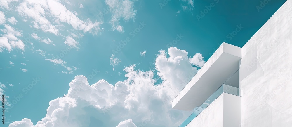 Poster big white walls of the building against the blue sky and white clouds. modern architecture. minimali