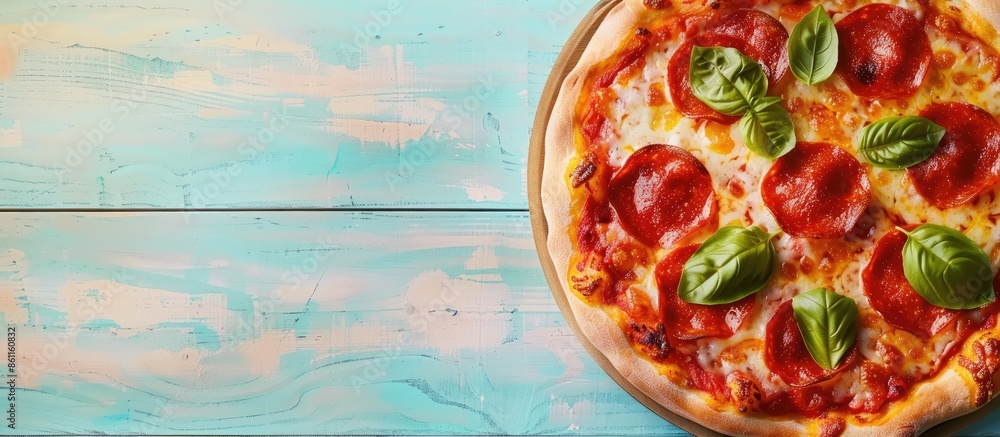Poster delicious freshly baked pizza up close studio shot against a rustic pastel background. copy space im