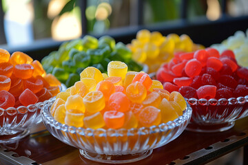 An assortment of colorful gummy candies in crystal bowls, creating a bright and inviting display of sweet treats