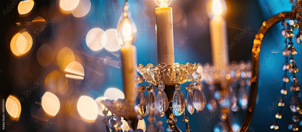 Poster close up shot of chandelier details. copy space image. place for adding text and design