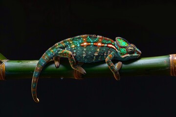 Panther Chameleon climbing on a bamboo branch against a black background
