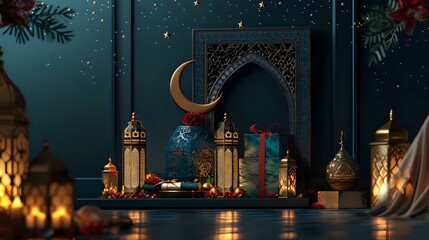 Obraz premium Ramadan celebration with glowing lanterns and a crescent moon