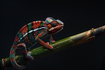 Fototapeta premium Panther Chameleon climbing on a bamboo branch against a black background