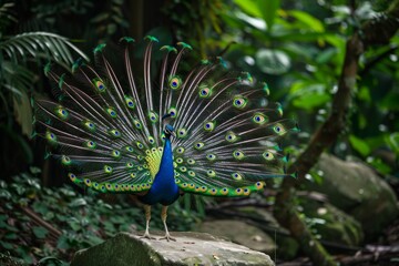 Obraz premium Peacock feeds during the afternoon in the rainforest.
