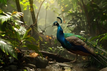 Peacock feeds during the afternoon in the rainforest.