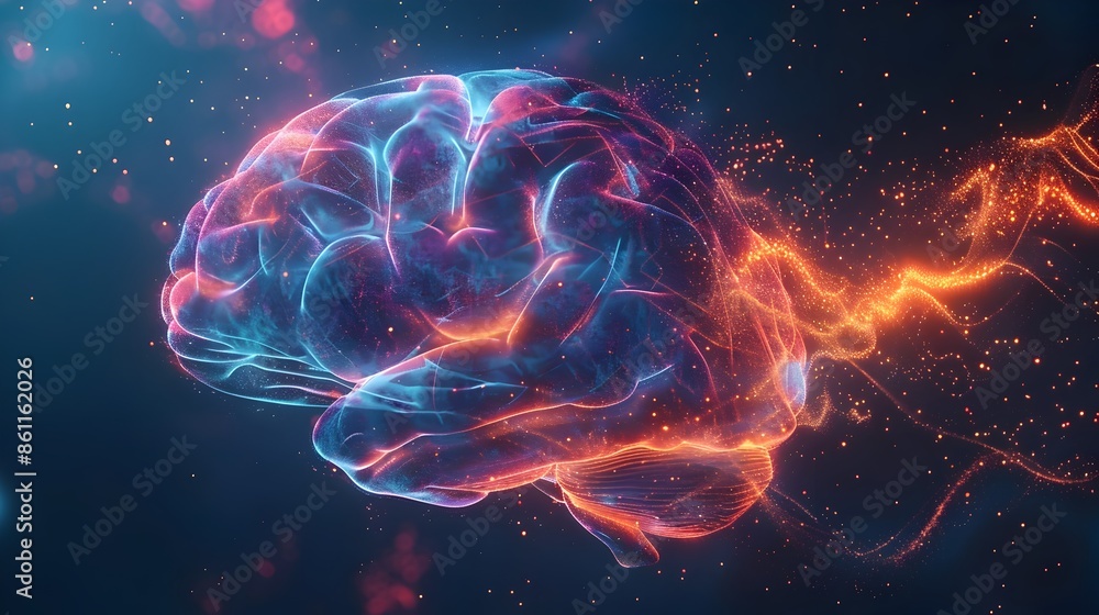 Poster glowing abstract brain with dynamic light trails symbolizing bright ideas and creativity