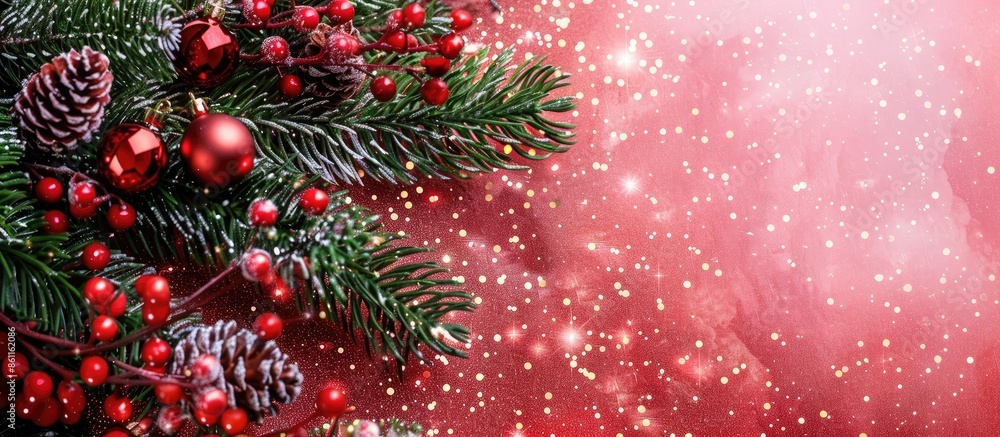 Aufkleber christmas card with fir and decor on glitter background. copy space image. place for adding text and