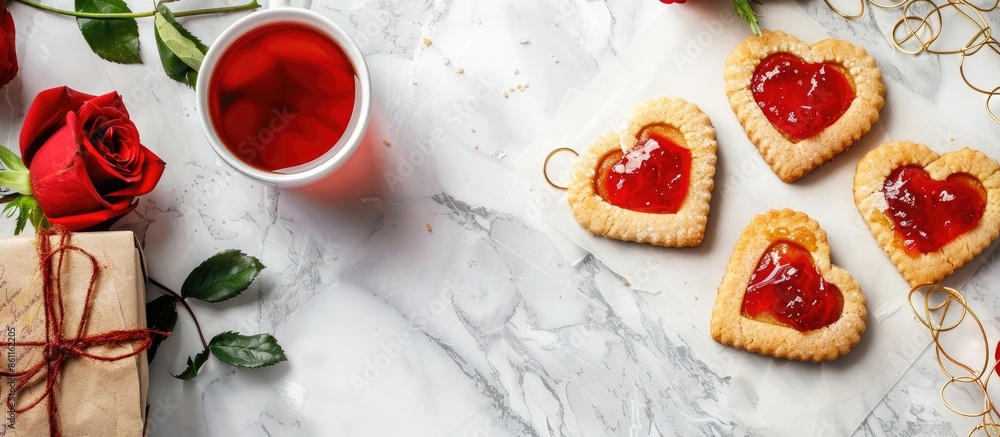 Poster homemade cookies in the form of hearts with red jam on valentine's day. on a marble table with a gif