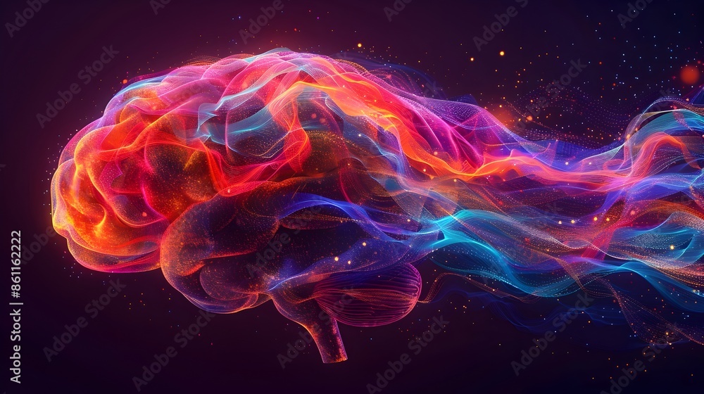Poster dynamic colorful brain with flowing light trails symbolizing creative ideas