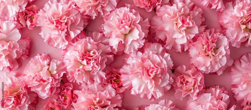 Poster top view of festive pink carnations. copy space image. place for adding text or design