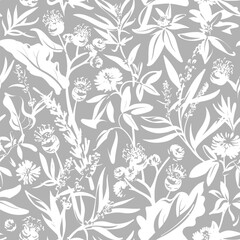 Seamless pattern. Flowers - Burdock, Clover, Achillea Millefolium and grass isolated on the gray background. Hand-drawn illustrations of wildflowers.
