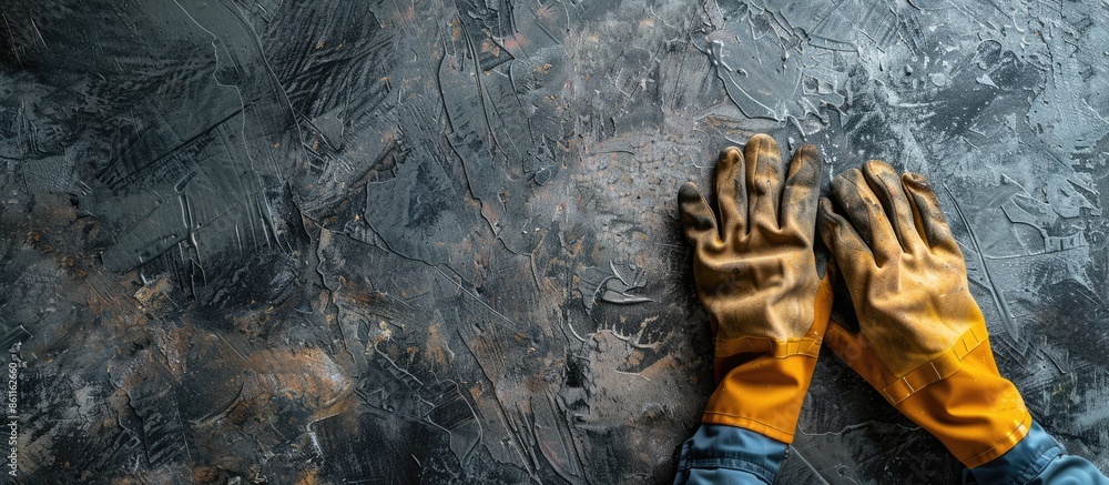 Poster hands with work gloves carrying a study desk. copy space image. place for adding text and design