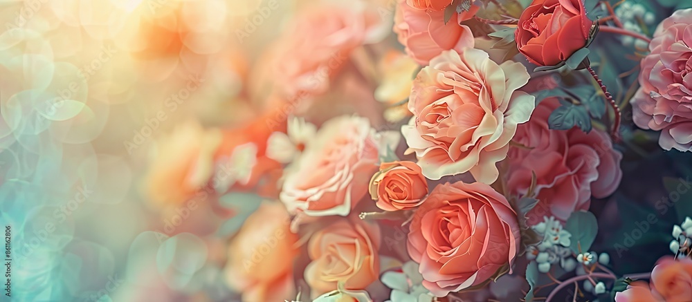 Poster blurred beautiful artificial flowers vintage. copy space image. place for adding text and design