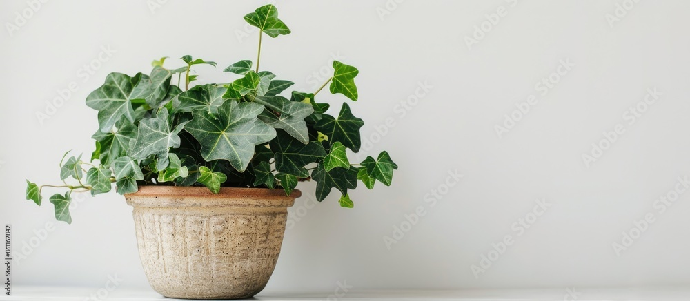 Poster ivy plant in pot on white background. copy space image. place for adding text and design