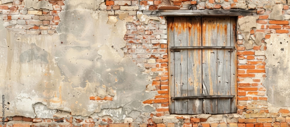 Poster a photograph of a window on an old brick wall. copy space image. place for adding text and design