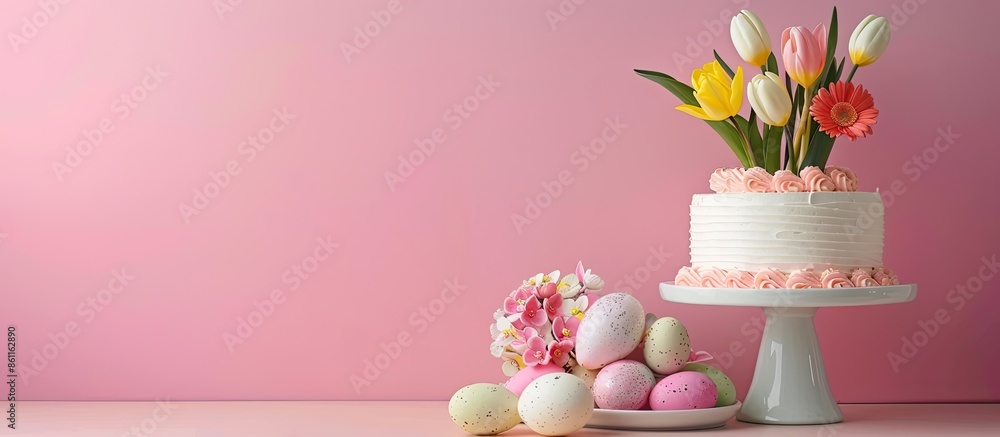 Poster stand with cake and easter eggs on counter near color wall. copy space image. place for adding text 