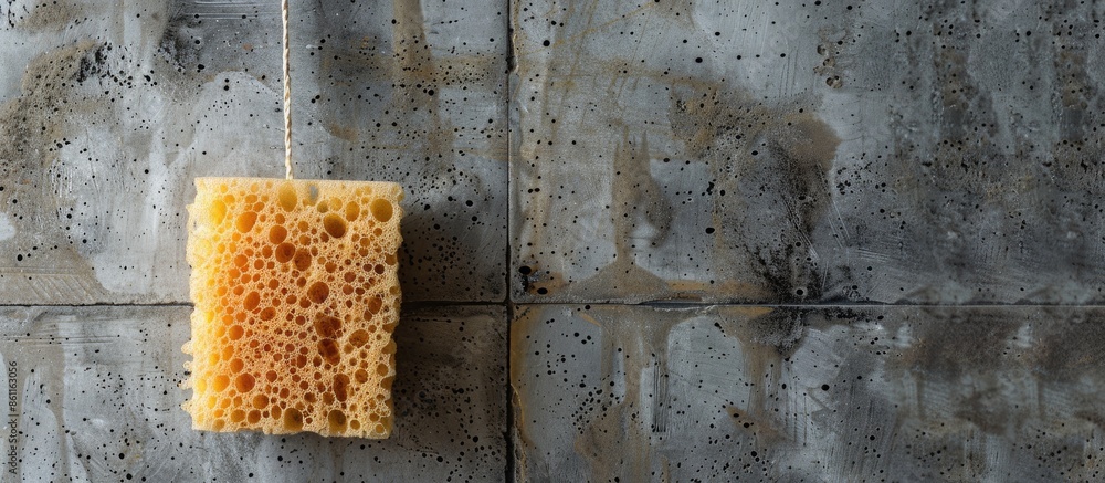Poster a bristly sponge hangs in a concrete shower. copy space image. place for adding text and design