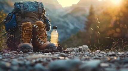 Hiking and camping equipment, backpacks, water bottles and leather ankle boots. In the background are mountains with thin fog. at sunset