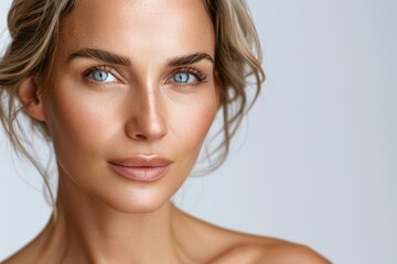Fototapeta premium Closeup portrait of beautiful blonde woman with blue eyes and perfect skin.