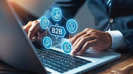 A businessman using laptop with virtual B2B icons