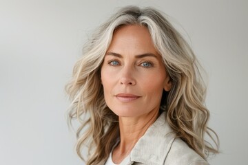 Fototapeta premium Close-up headshot of a beautiful woman with long wavy hair, light makeup, and a confident expression on her face.