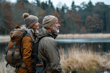 Fototapeta premium A couple is standing near the lake