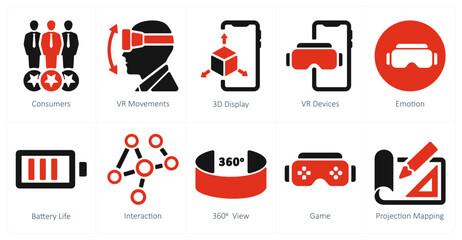 A set of 10 Virtual Reality icons as consumers, vr movements, 3d display