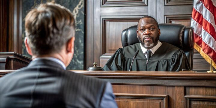 Black judge in the courtroom, sentencing a convicted 