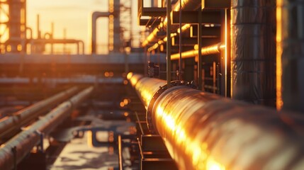 Close-up of oil factory shaft at sunset