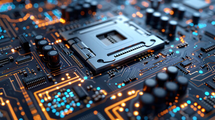 Close-up image of a laptop's motherboard, featuring a state-of-the-art. The focus is on the intricate circuitry and cooling mechanisms, emphasizing the power 