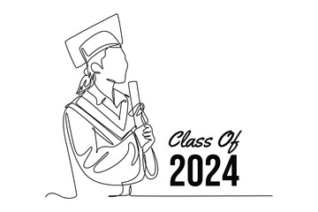 Class of 2024 concept. Single line draw design vector graphic illustration.