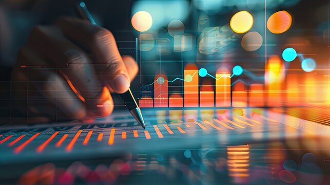 Close-up of analysis of work with the latest financial results, graphical analysis, forecasting financial account sales by handwriting, abstract digital results for background.