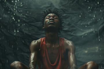 A powerful portrait of a man meditating under a waterfall, drenched in water, creating a serene and intense visual experience