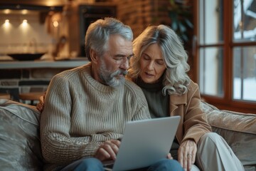 An elderly couple is sitting on the couch and looking at laptop