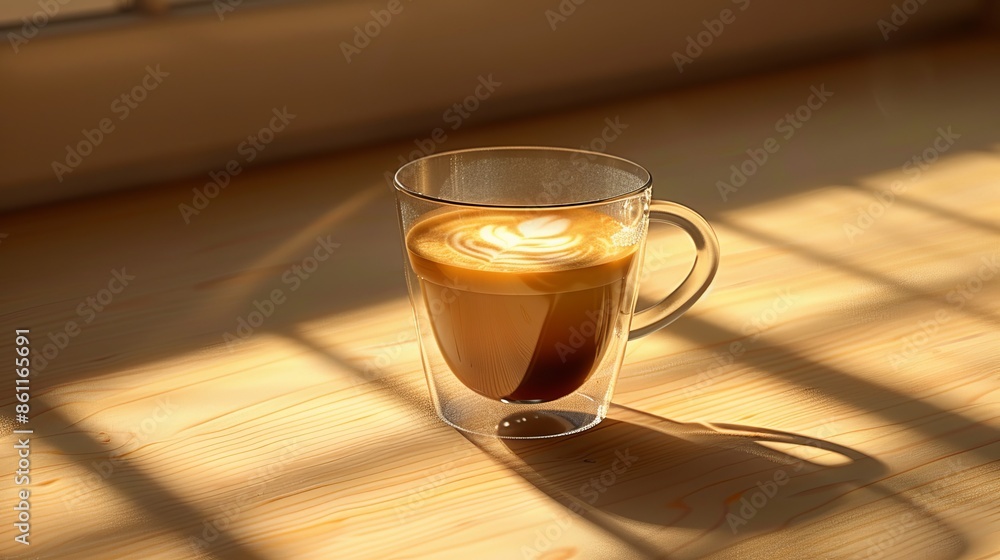 Sticker Latte in a Glass Mug on Wooden Table