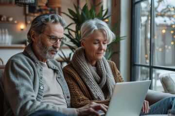 An elderly couple is sitting on the couch and looking at their laptop. They are both smiling. The woman is wearing a brown sweater and the man is wearing a gray sweater.