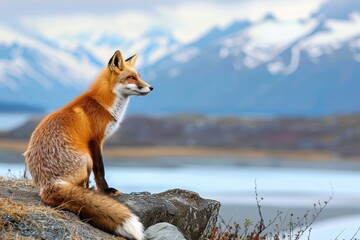 Obraz premium Red fox overlooking Lake Clark State Park, Alaska