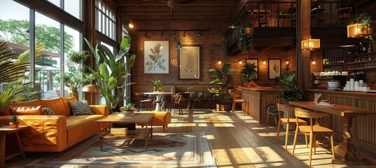 Cafe Interior Design with a Large Open Space Two-Story Structure Featuring Shared Space and a Stylish and Simple Design