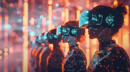 Virtual reality conference, diverse avatars interacting in a digital space, futuristic interface elements, medium shot, vibrant tones.