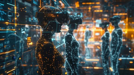 Virtual reality conference, diverse avatars interacting in a digital space, futuristic interface elements, medium shot, vibrant tones.