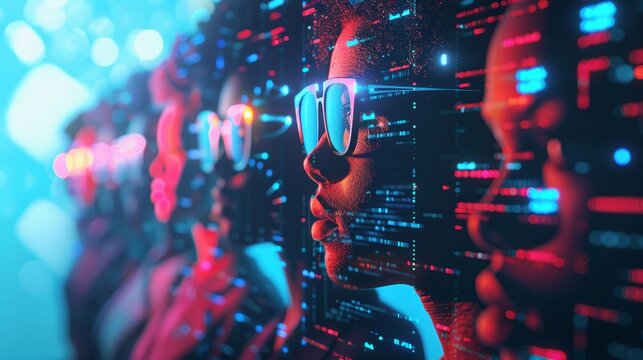 Virtual reality conference, diverse avatars interacting in a digital space, futuristic interface elements, medium shot, vibrant tones. - Powered by Adobe