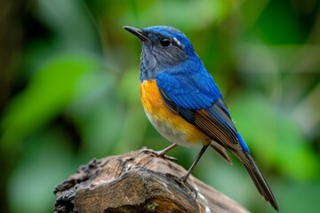 Fototapeta premium Siberian Blue Robin,Close-up of songbird perching on wood,In the rain forest of Thailand