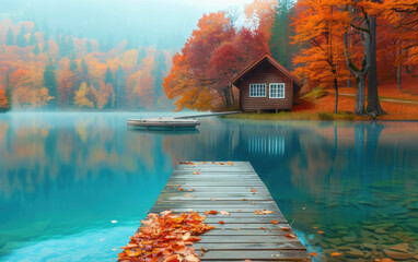 A wooden dock with a house on the other side of the water