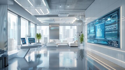 Fototapeta premium Modern office with AI forecasting screens, clean white and silver decor, multiple glowing charts,