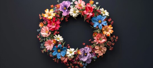 Summer Floral Wreath with Colorful Flowers on White Background